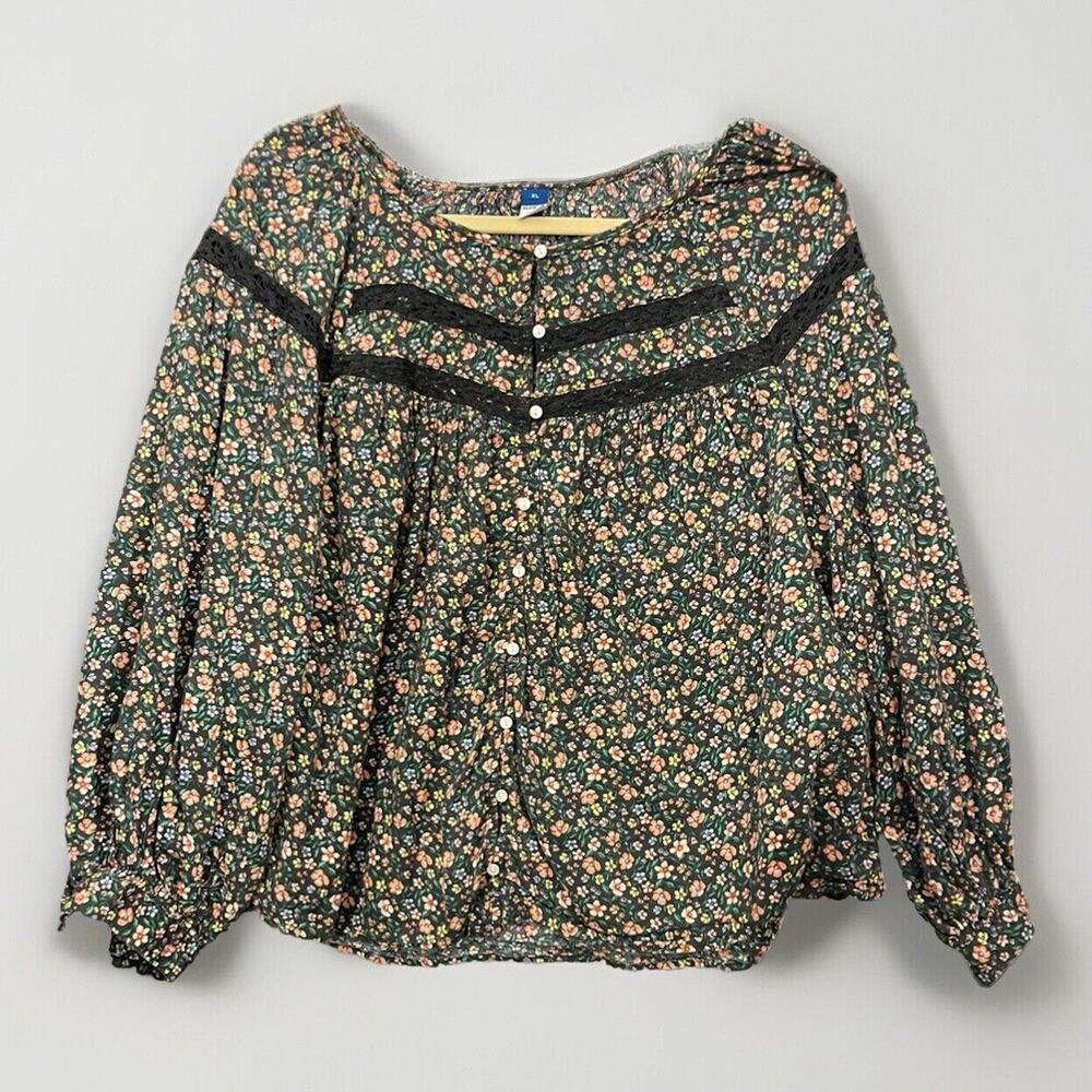 Old Navy Women's Boho Peasant Blouse Size XL Floral Ditsy Cotton Rayon Long Slv